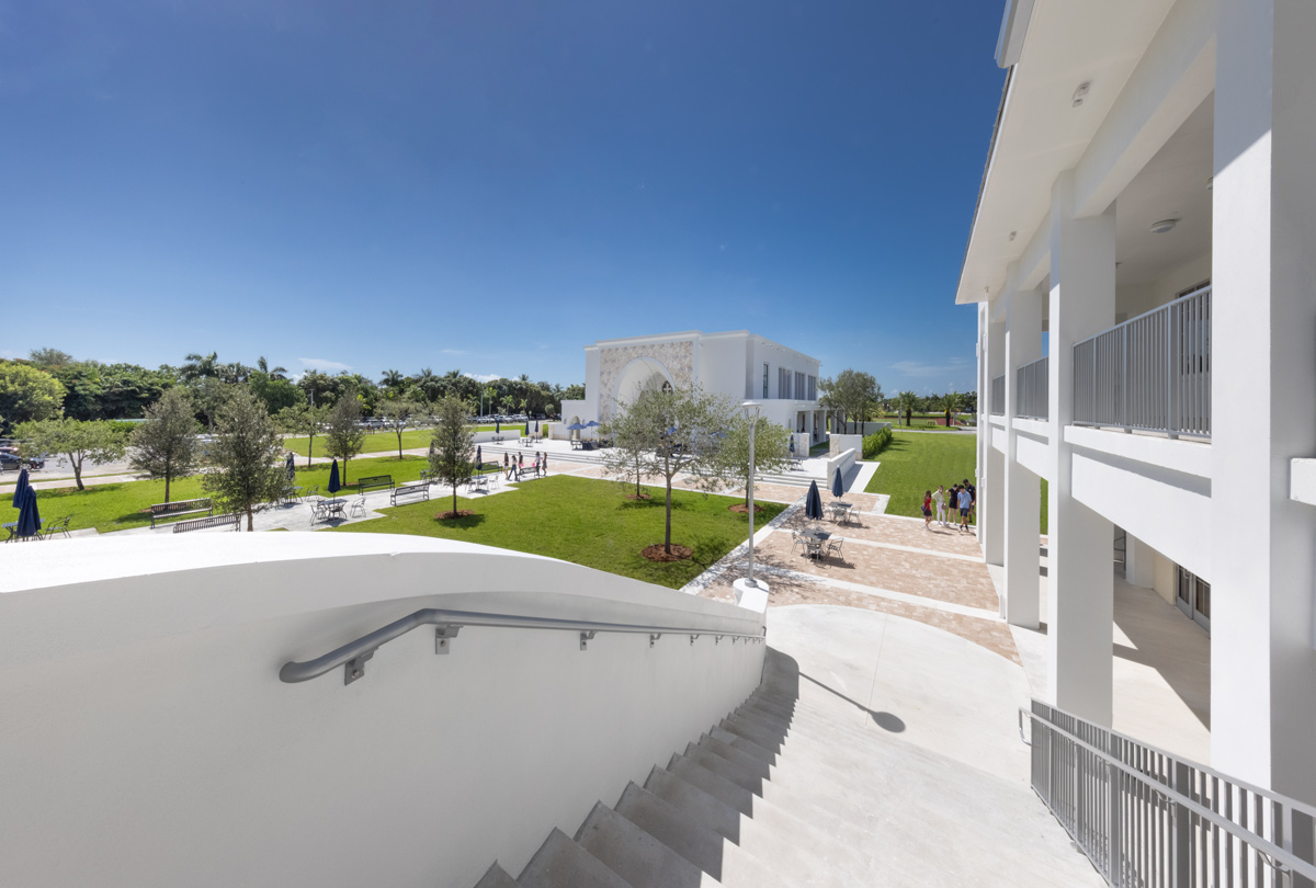 Architectural dusk overview of Palmer Trinity chapel and student center in Miami, FL